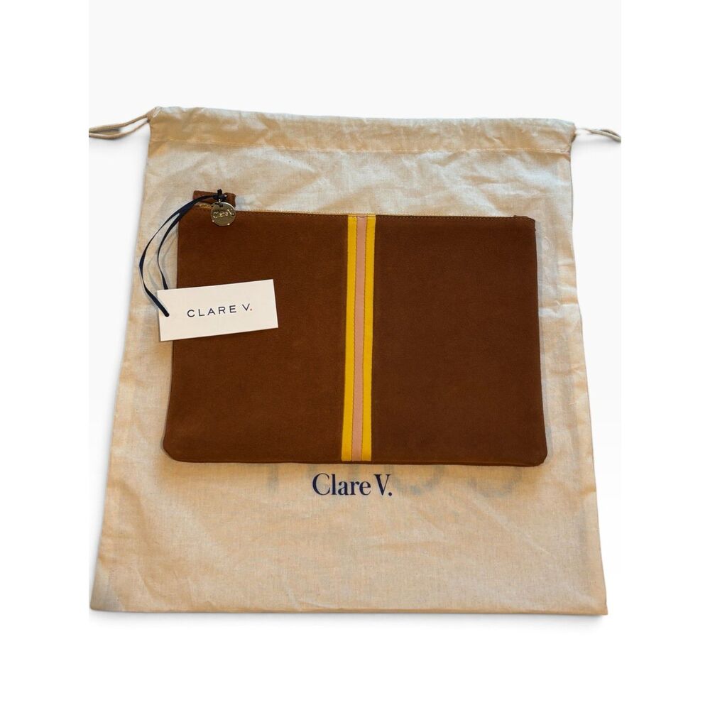 Clare V Flat Clutch Cognac Brown Suede Stripe NWT